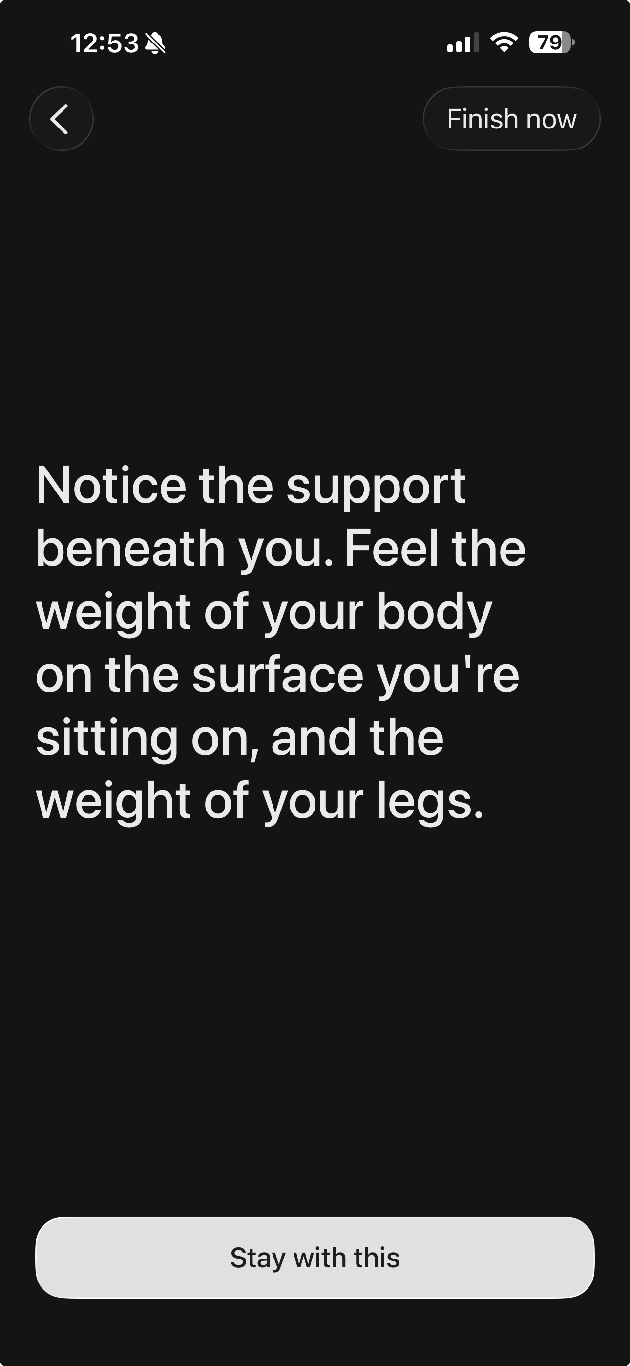 Soma app showing a guided practice step: 'Notice the support beneath you. Feel the weight of your body on the surface you're sitting on, and the weight of your legs,' with a 'Stay with this' button.